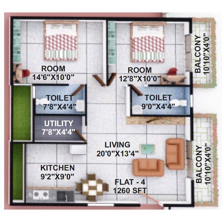 Floor plan of 2 BHK 1260 Sq. Ft. Apartment in DK Krishna Residency, Bangalore