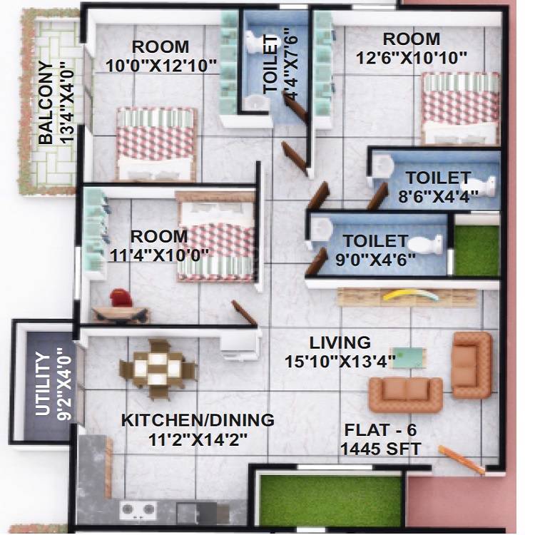 Floor plan of 3 BHK 1445 Sq. Ft. Apartment in DK Krishna Residency, Bangalore
