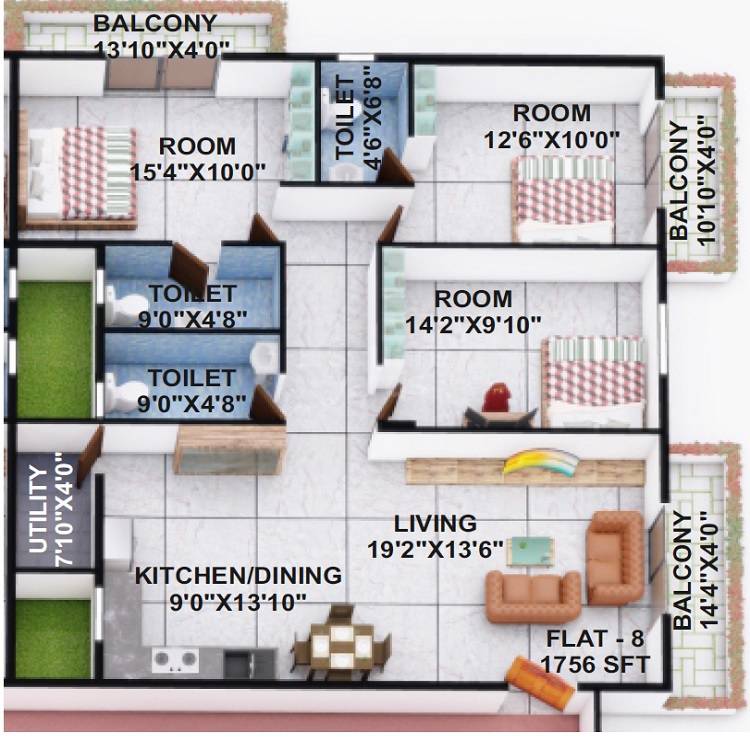 Floor plan of 3 BHK 1756 Sq. Ft. Apartment in DK Krishna Residency, Bangalore