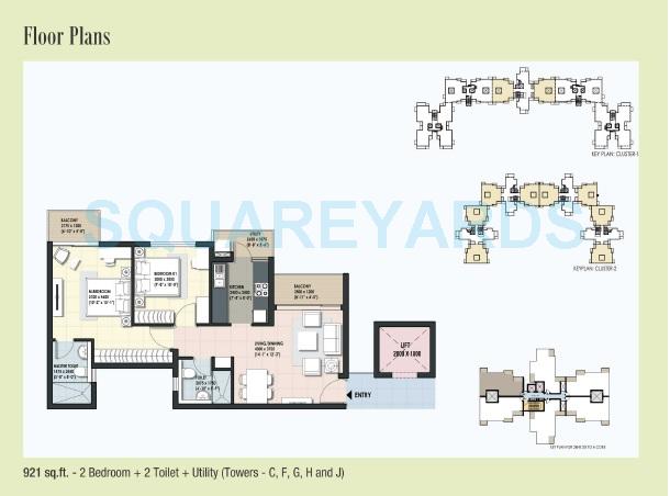 Floor plan of 2 BHK 921 Sq. Ft. Apartment in DLF Maiden Heights, Bangalore