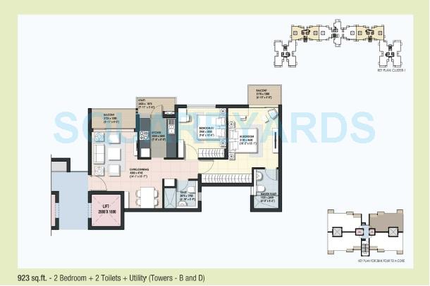 Floor plan of 2 BHK 923 Sq. Ft. Apartment in DLF Maiden Heights, Bangalore