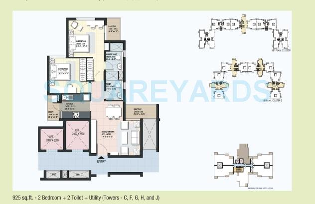 Floor plan of 2 BHK 925 Sq. Ft. Apartment in DLF Maiden Heights, Bangalore