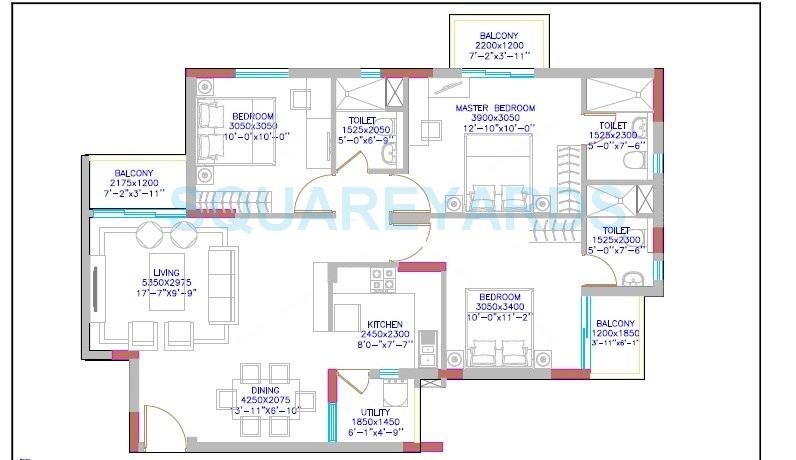 Floor plan of 3 BHK 1222 Sq. Ft. Apartment in DLF Maiden Heights, Bangalore