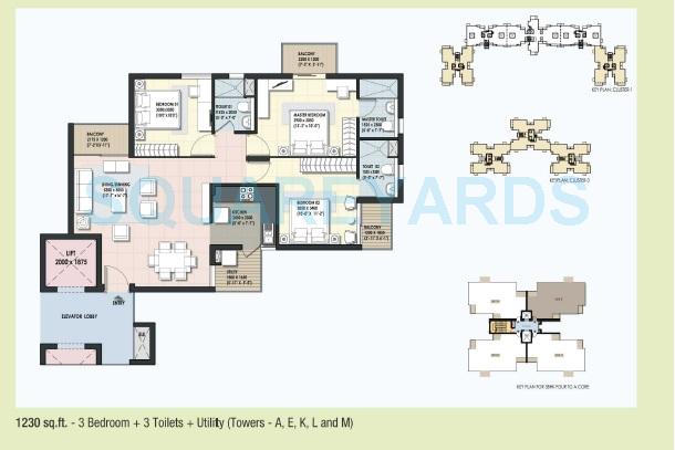 Floor plan of 3 BHK 1230 Sq. Ft. Apartment in DLF Maiden Heights, Bangalore