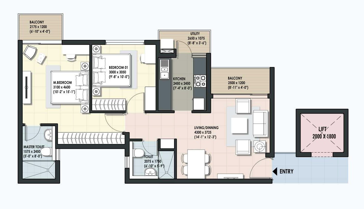 Floor plan of 2 BHK 920 Sq. Ft. Apartment in DLF Maiden Heights Phase II, Bangalore