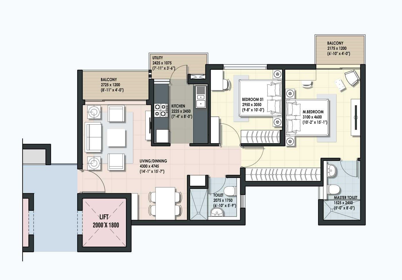 Floor plan of 2 BHK 940 Sq. Ft. Apartment in DLF Maiden Heights Phase II, Bangalore