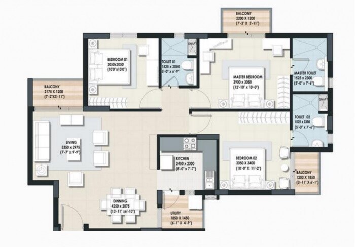 Floor plan of 3 BHK 1213 Sq. Ft. Apartment in DLF Maiden Heights Phase II, Bangalore
