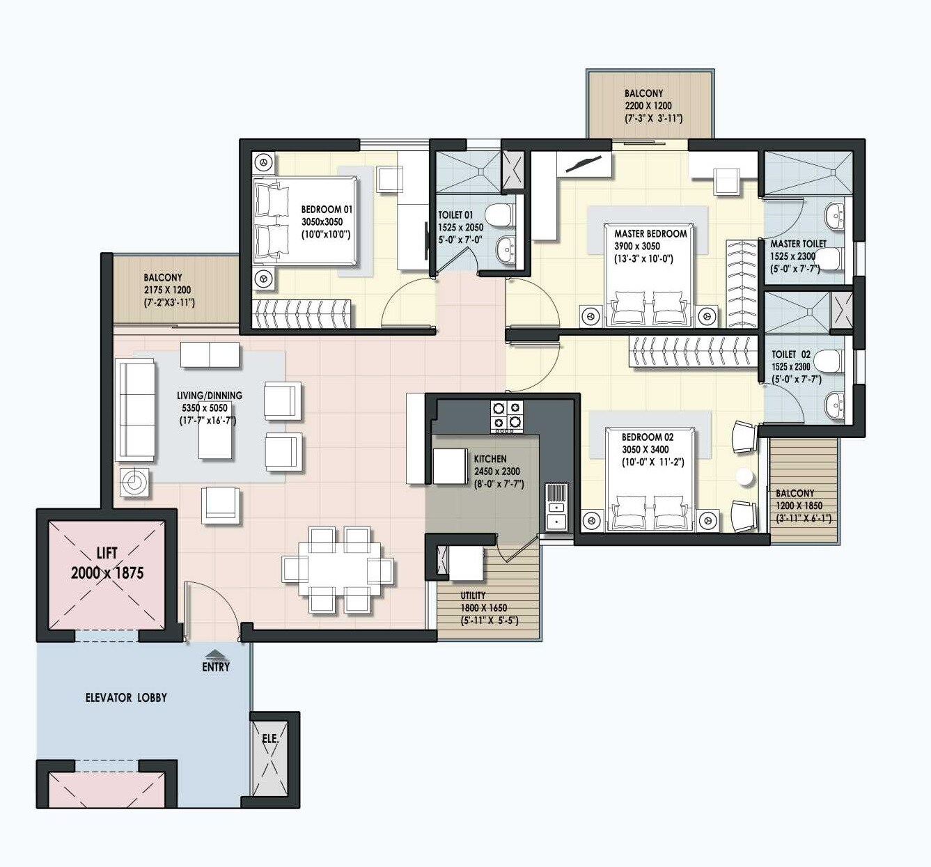 Floor plan of 3 BHK 1230 Sq. Ft. Apartment in DLF Maiden Heights Phase II, Bangalore