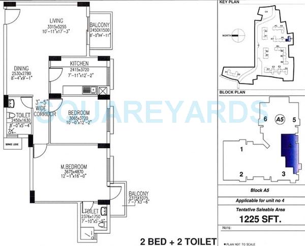 Floor plan of 2 BHK 1225 Sq. Ft. Apartment in DLF Westend Heights New Town, Bangalore