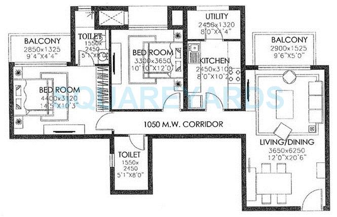 Floor plan of 2 BHK 1290 Sq. Ft. Apartment in DLF Westend Heights New Town, Bangalore