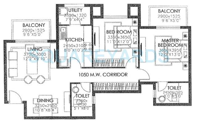 Floor plan of 2 BHK 1300 Sq. Ft. Apartment in DLF Westend Heights New Town, Bangalore