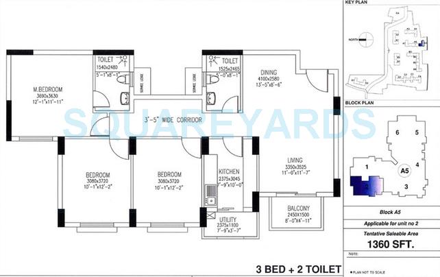 Floor plan of 3 BHK 1360 Sq. Ft. Apartment in DLF Westend Heights New Town, Bangalore