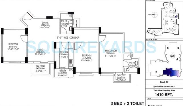 Floor plan of 3 BHK 1410 Sq. Ft. Apartment in DLF Westend Heights New Town, Bangalore
