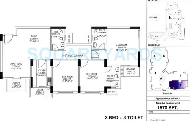 Floor plan of 3 BHK 1570 Sq. Ft. Apartment in DLF Westend Heights New Town, Bangalore