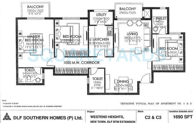 Floor plan of 3 BHK 1690 Sq. Ft. Apartment in DLF Westend Heights New Town, Bangalore