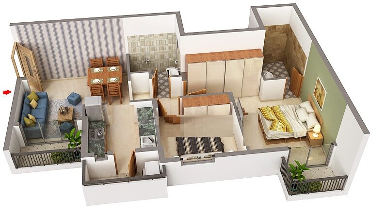 Floor plan of 2 BHK 908 Sq. Ft. Apartment in DLF Woodland Heights, Bangalore