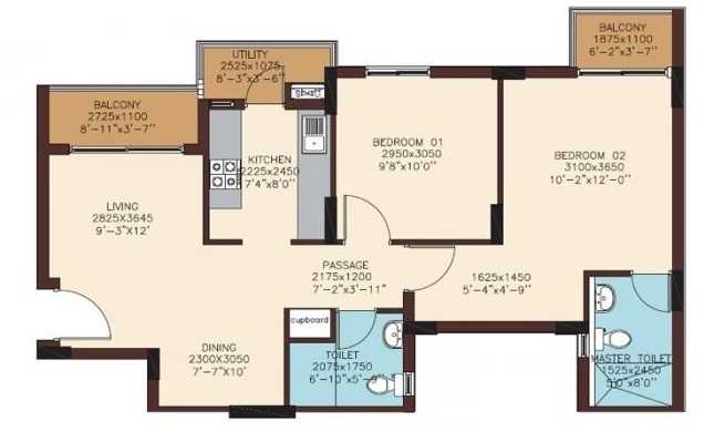 Floor plan of 2 BHK 946 Sq. Ft. Apartment in DLF Woodland Heights, Bangalore