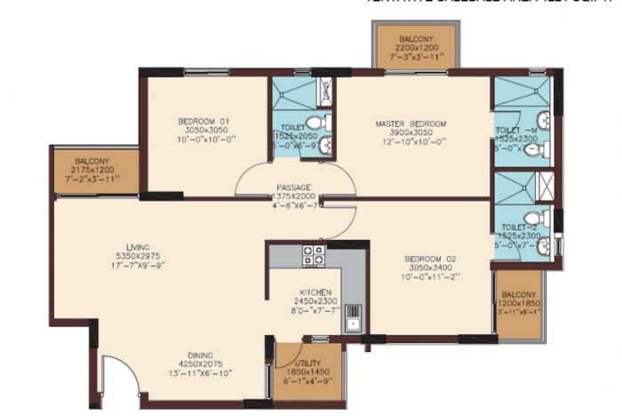 Floor plan of 3 BHK 1221 Sq. Ft. Apartment in DLF Woodland Heights, Bangalore