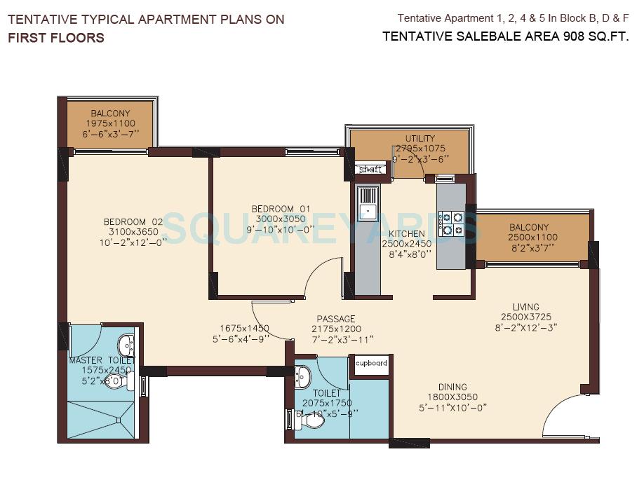 Floor plan of 2 BHK 908 Sq. Ft. Apartment in DLF Woodland Heights My Town, Bangalore