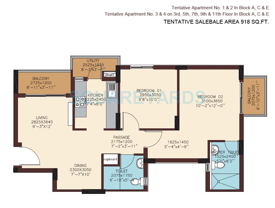 Floor plan of 2 BHK 918 Sq. Ft. Apartment in DLF Woodland Heights My Town, Bangalore