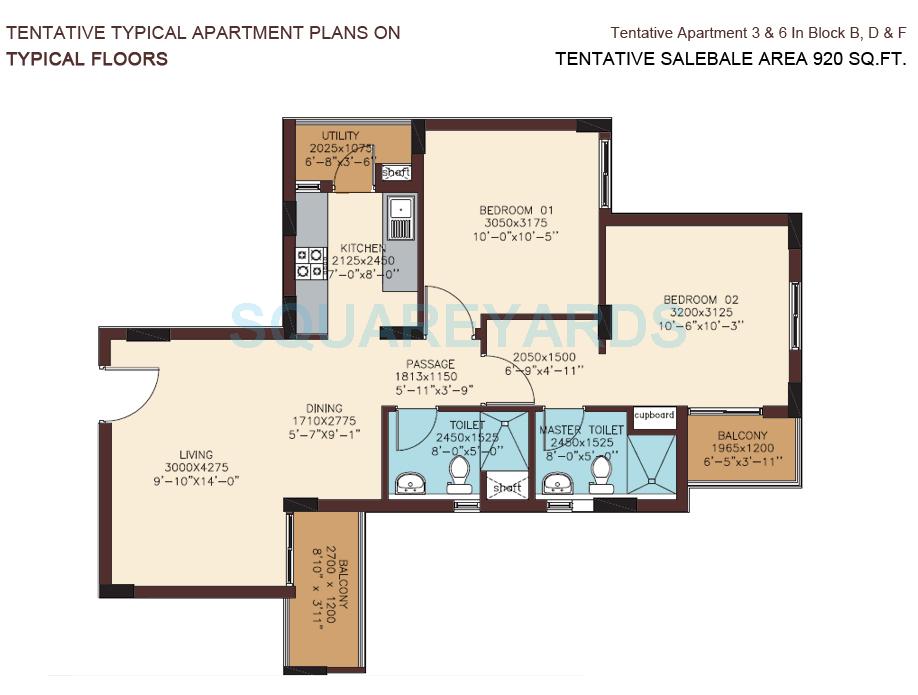 Floor plan of 2 BHK 920 Sq. Ft. Apartment in DLF Woodland Heights My Town, Bangalore