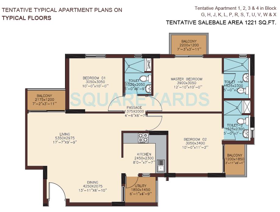 Floor plan of 3 BHK 1221 Sq. Ft. Apartment in DLF Woodland Heights My Town, Bangalore