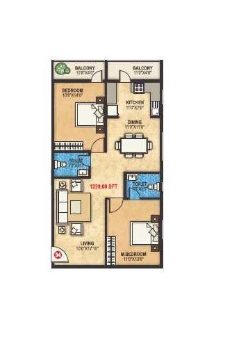 Floor plan of 2 BHK 1180 Sq. Ft. Apartment in DLR Pride, Bangalore