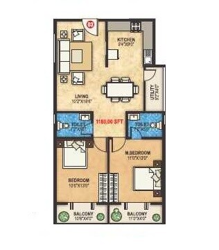 Floor plan of 2 BHK 1292 Sq. Ft. Apartment in DLR Pride, Bangalore