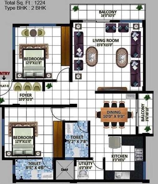 Floor plan of 2 BHK 1224 Sq. Ft. Apartment in DLR Sabarmati Enclave, Bangalore