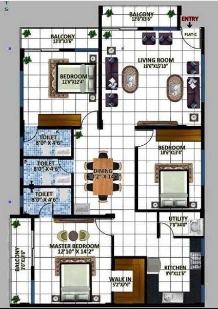 Floor plan of 3 BHK 1677 Sq. Ft. Apartment in DLR Sabarmati Enclave, Bangalore