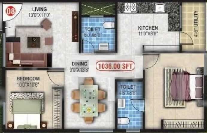 Floor plan of 2 BHK 1036 Sq. Ft. Apartment in DLR Sai Samruddhi, Bangalore