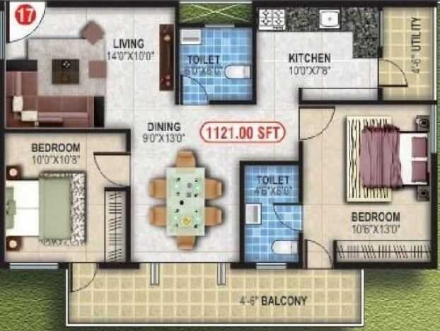 Floor plan of 2 BHK 1121 Sq. Ft. Apartment in DLR Sai Samruddhi, Bangalore
