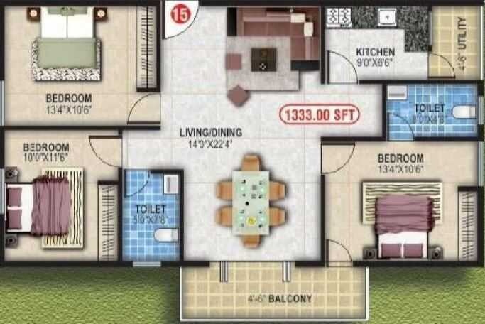 Floor plan of 3 BHK 1333 Sq. Ft. Apartment in DLR Sai Samruddhi, Bangalore