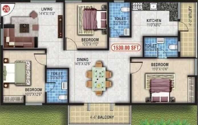 Floor plan of 3 BHK 1530 Sq. Ft. Apartment in DLR Sai Samruddhi, Bangalore