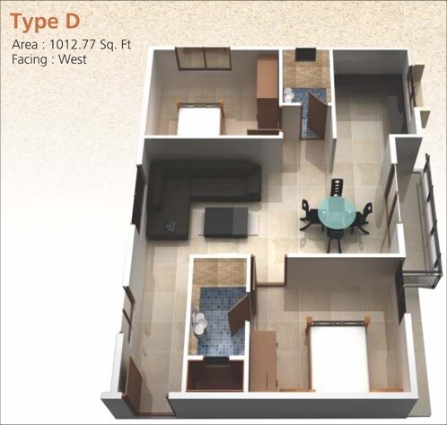 Floor plan of 2 BHK 1012 Sq. Ft. Apartment in DLR Sarayu Enclave, Bangalore