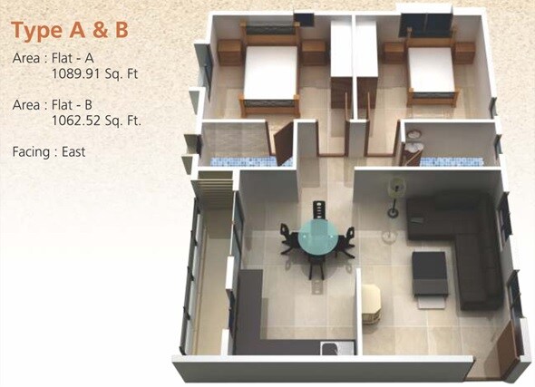 Floor plan of 2 BHK 1089 Sq. Ft. Apartment in DLR Sarayu Enclave, Bangalore