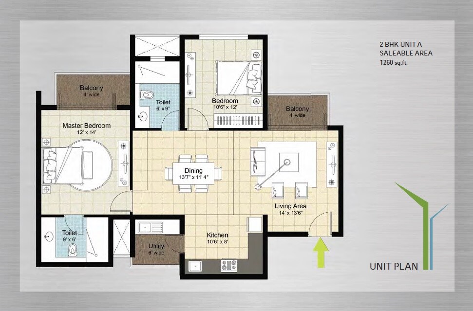 Floor plan of 2 BHK 1260 Sq. Ft. Apartment in DNR Arista, Bangalore