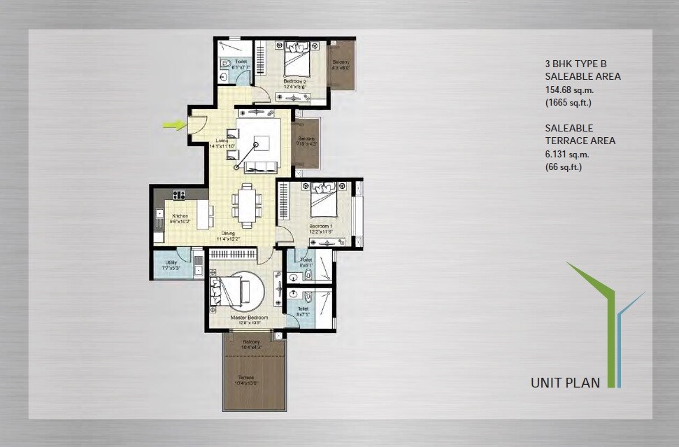 Floor plan of 3 BHK 1665 Sq. Ft. Apartment in DNR Arista, Bangalore