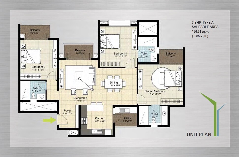 Floor plan of 3 BHK 1685 Sq. Ft. Apartment in DNR Arista, Bangalore