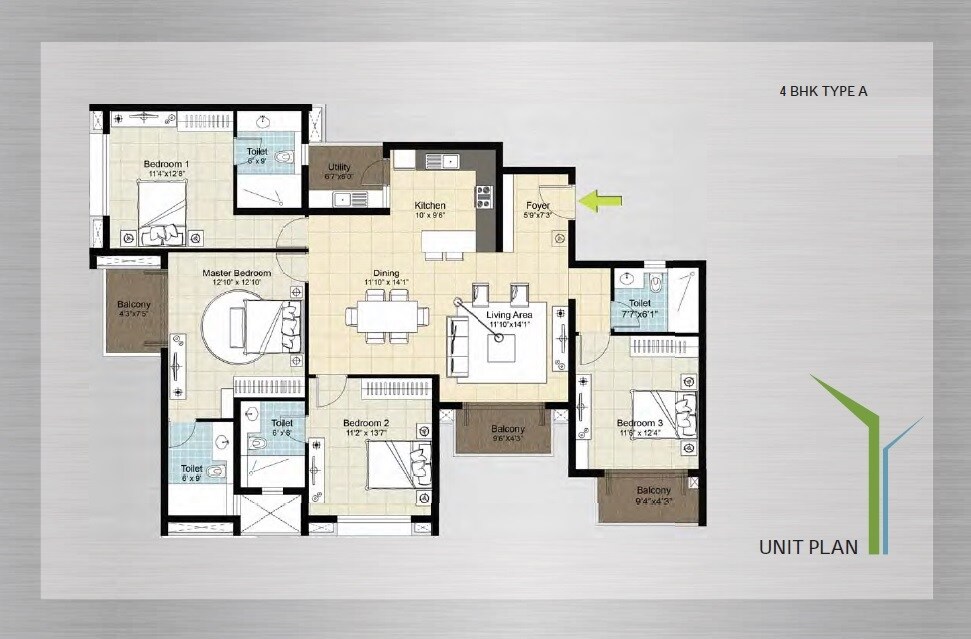 Floor plan of 4 BHK 2085 Sq. Ft. Apartment in DNR Arista, Bangalore