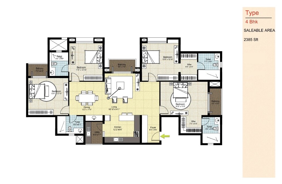 Floor plan of 4 BHK 2385 Sq. Ft. Apartment in DNR Arista, Bangalore