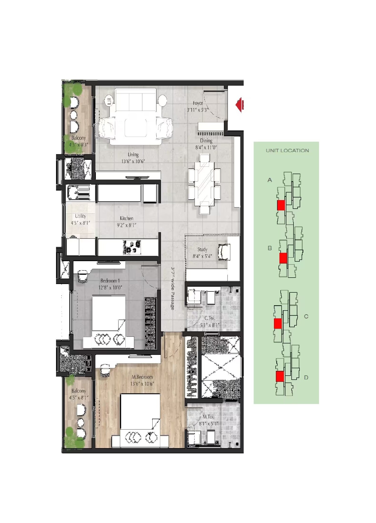 Floor plan of 2 BHK 1357 Sq. Ft. Apartment in DNR Parklink, Bangalore