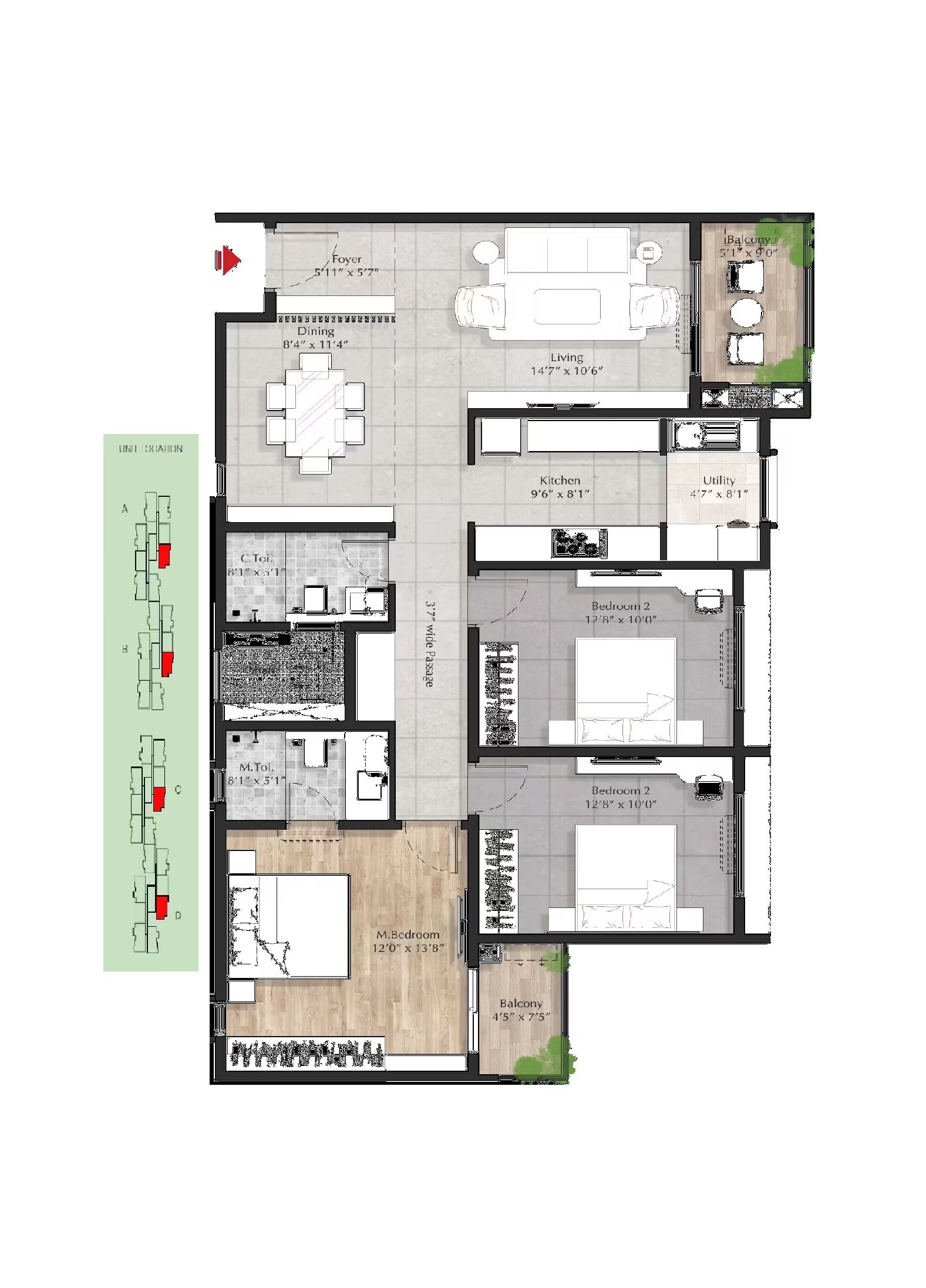 Floor plan of 3 BHK 1567 Sq. Ft. Apartment in DNR Parklink, Bangalore