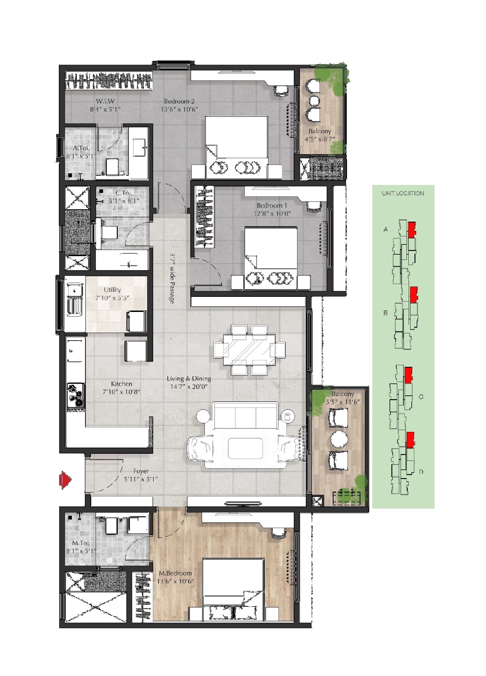 Floor plan of 3 BHK 1720 Sq. Ft. Apartment in DNR Parklink, Bangalore