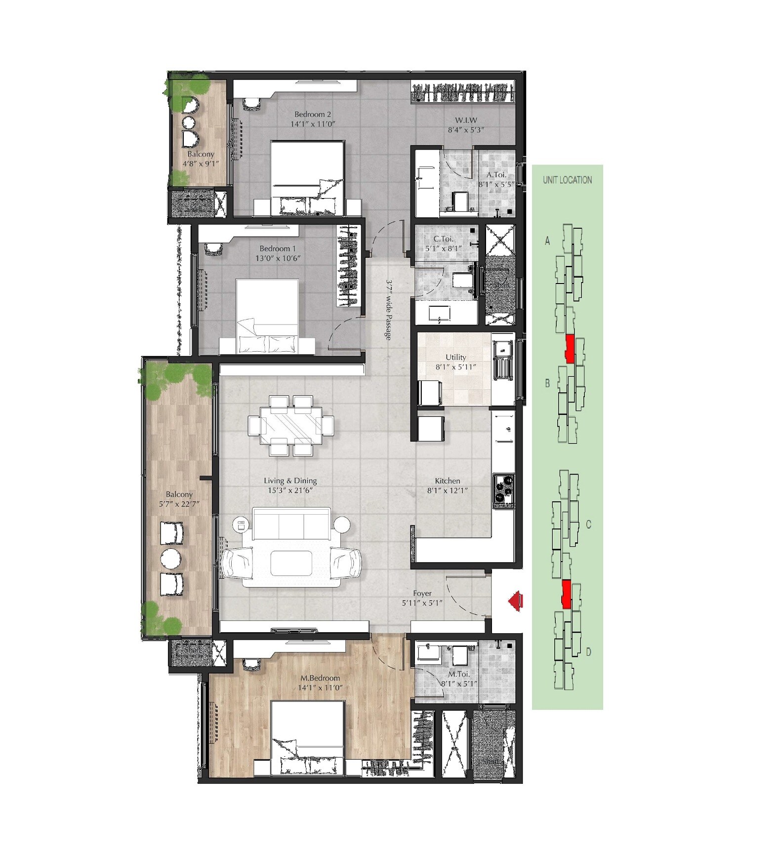 Floor plan of 3 BHK 1899 Sq. Ft. Apartment in DNR Parklink, Bangalore