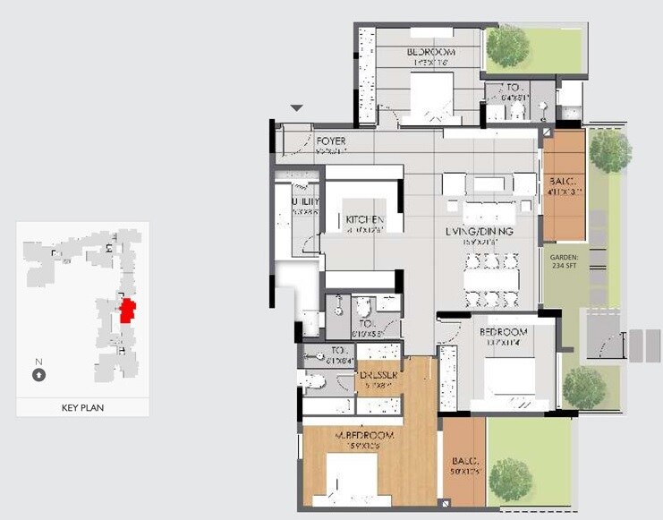 Floor plan of 3 BHK 1906 Sq. Ft. Apartment in DNR Reflection, Bangalore