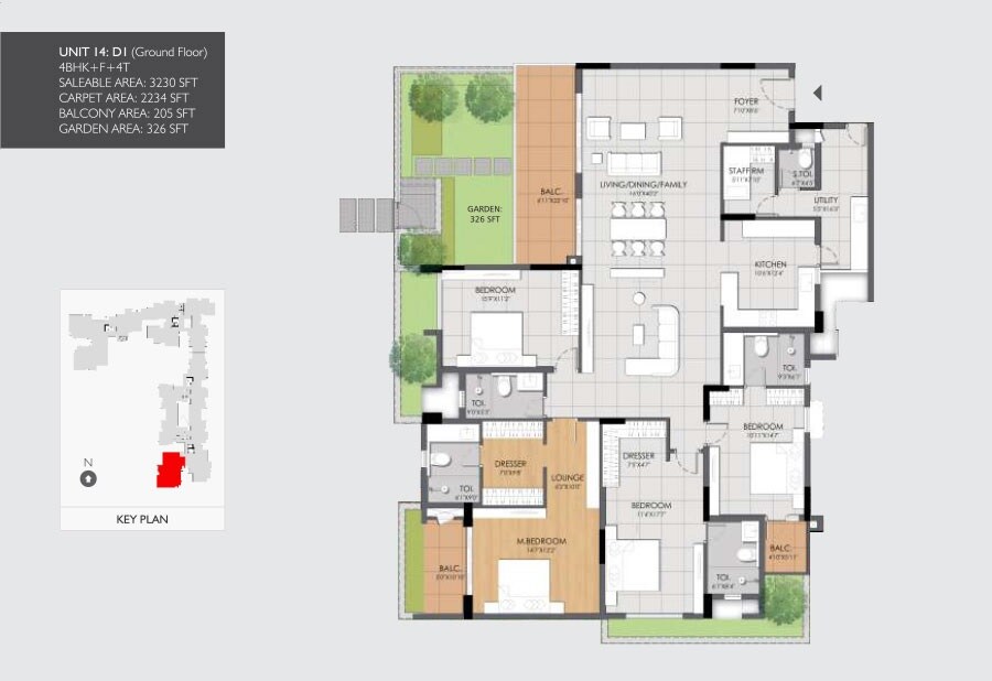 Floor plan of 4 BHK 3230 Sq. Ft. Apartment in DNR Reflection, Bangalore