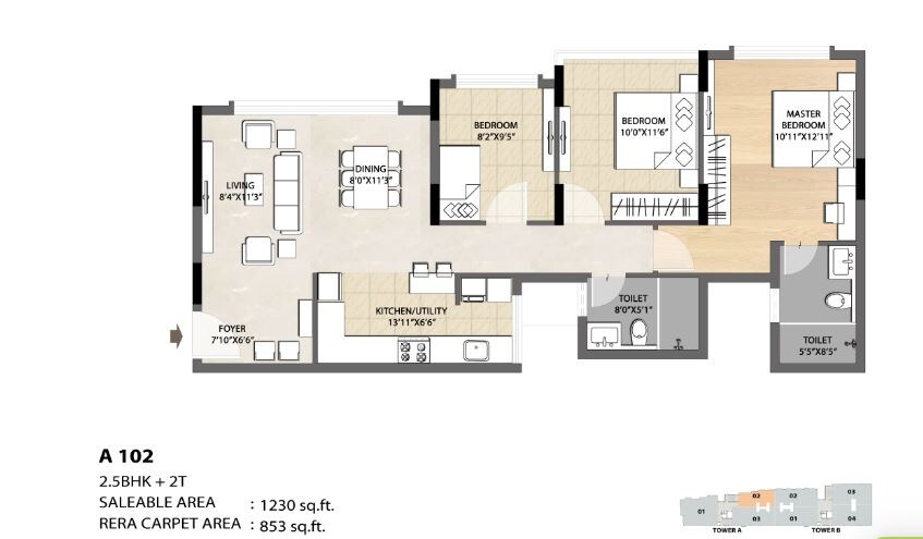 Floor plan of 3 BHK 1230 Sq. Ft. Apartment in DNR Spring Leaf, Bangalore
