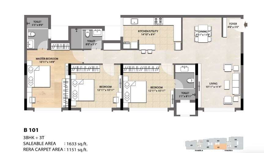 Floor plan of 3 BHK 1633 Sq. Ft. Apartment in DNR Spring Leaf, Bangalore