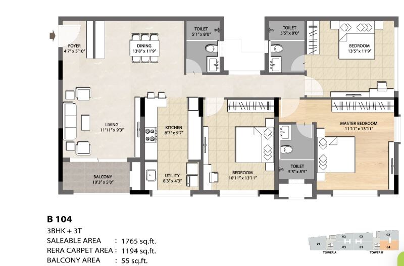 Floor plan of 3 BHK 1765 Sq. Ft. Apartment in DNR Spring Leaf, Bangalore